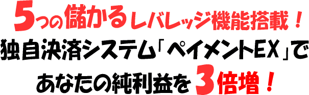 5つの儲かるレバレッジ機能搭載!独自決済システムペイメントEXであなたの純利益を3倍増!